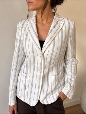 Chaps Ivory Black Striped Linen Blend Tailored Blazer Size 4